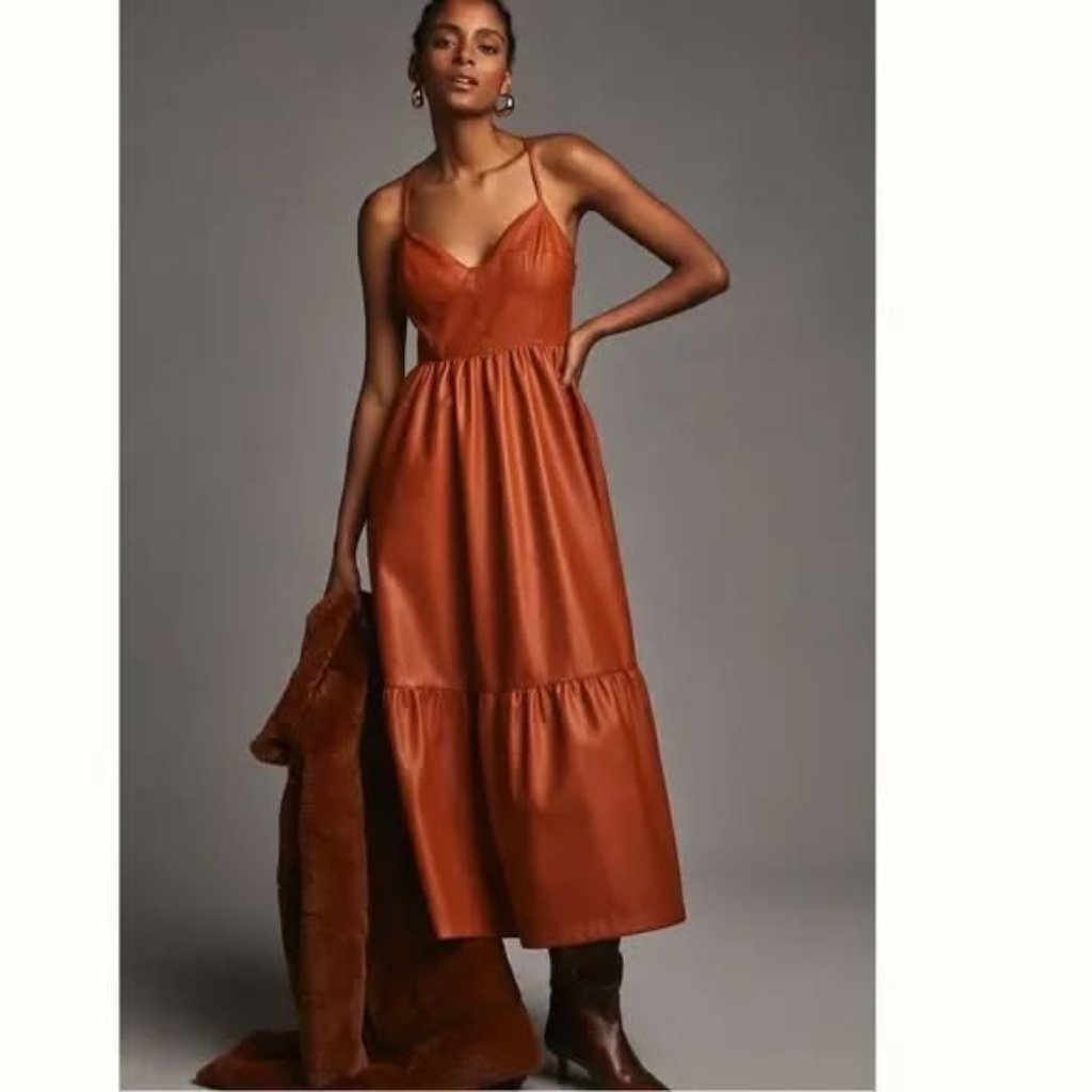 Nwt Anthropologie Pilcro Structured Corset Faux Leather Copper Maxi Dress Vhtf